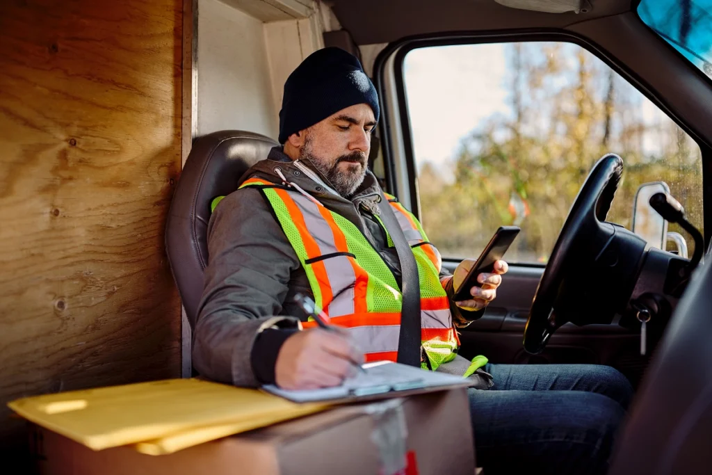 Delivery driver making notes on a clipboard while looking at a smartphone