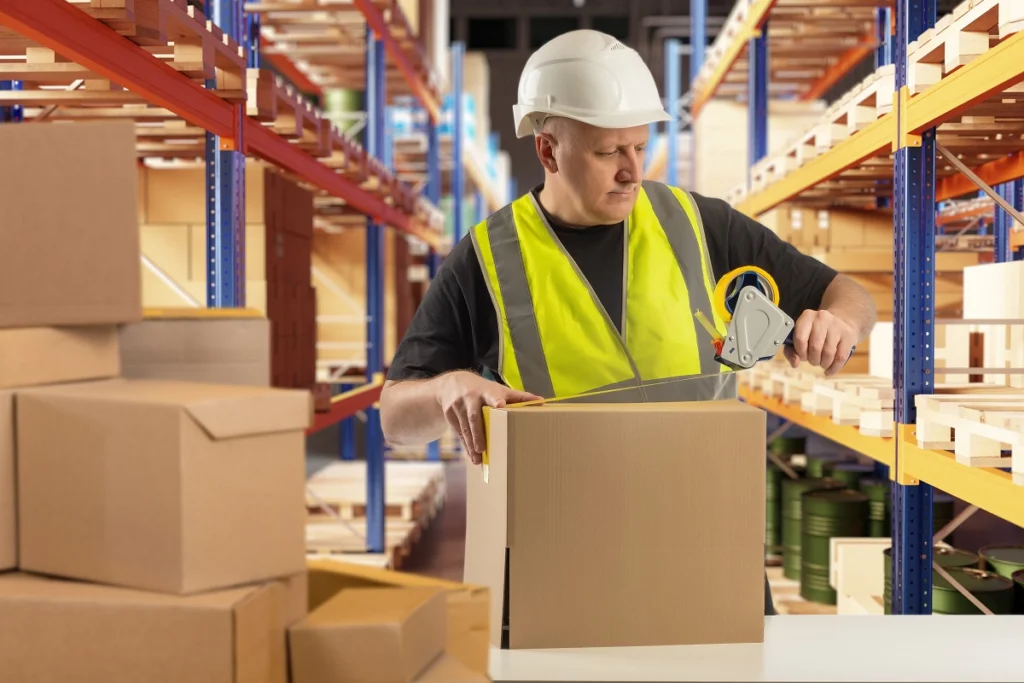 Warehouse worker preparing package for shipment