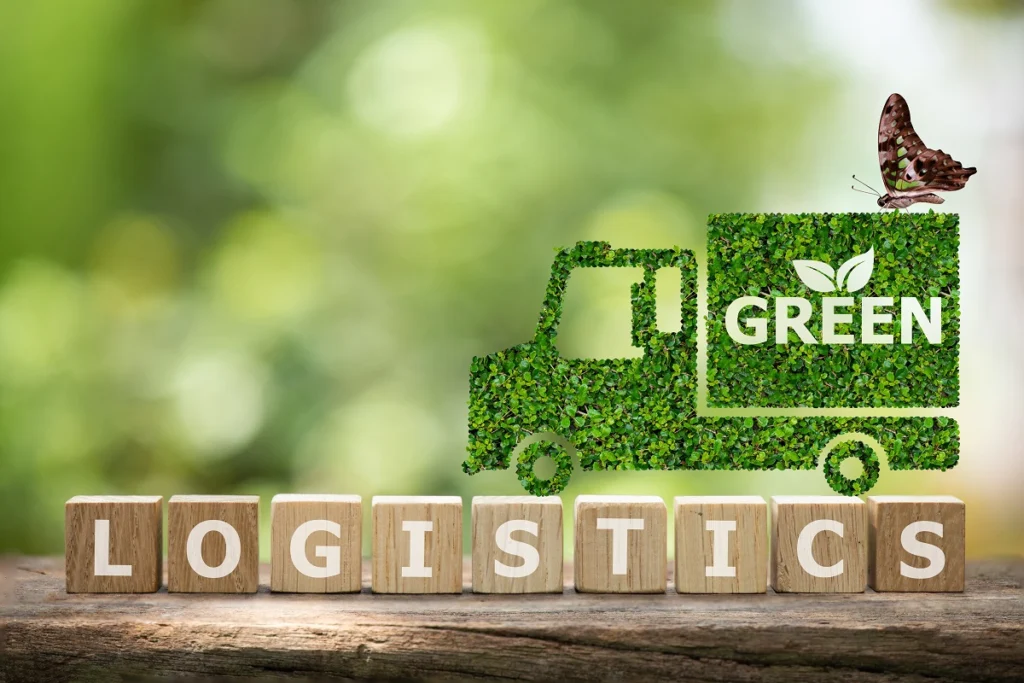 Wood blocks spelling logistics with a green truck