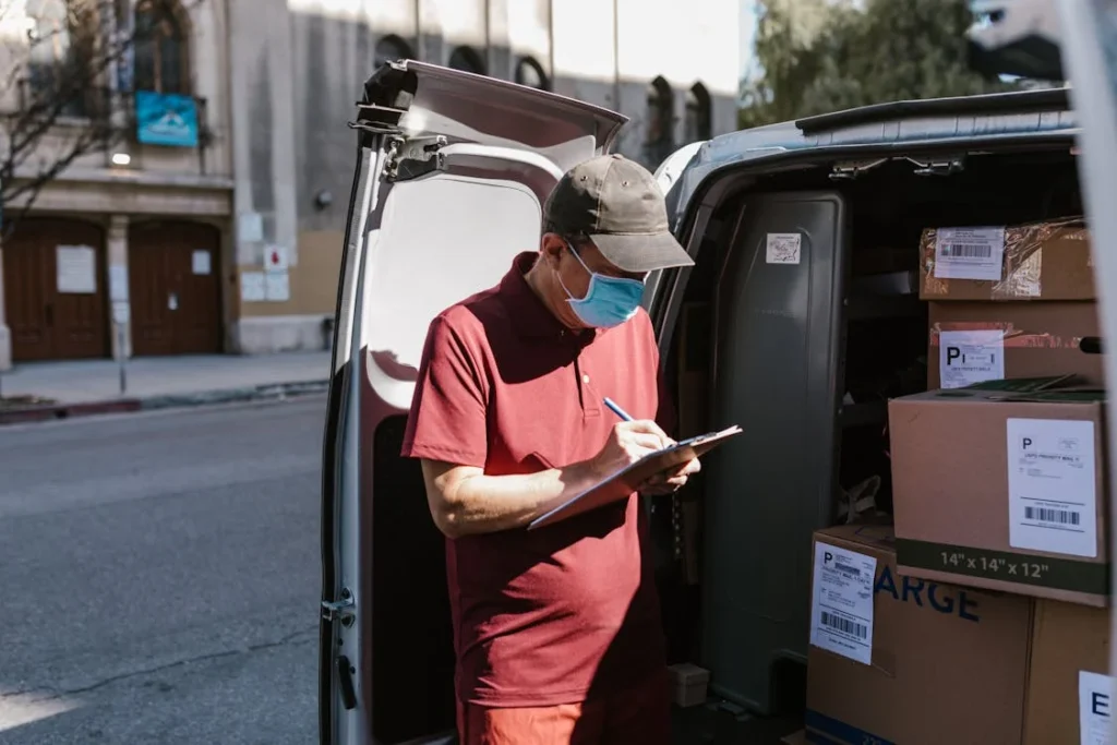 Delivery man writing on clipboard