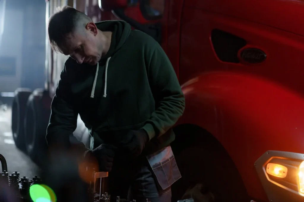 man in front of red cab semi truck