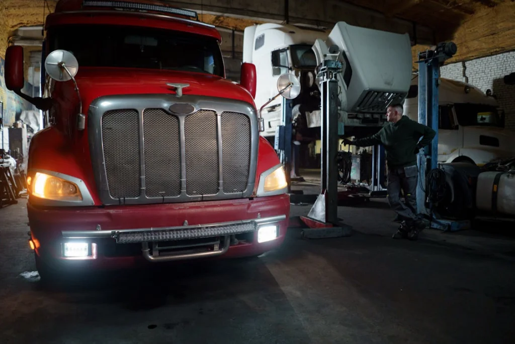 front end of red cab semi truck