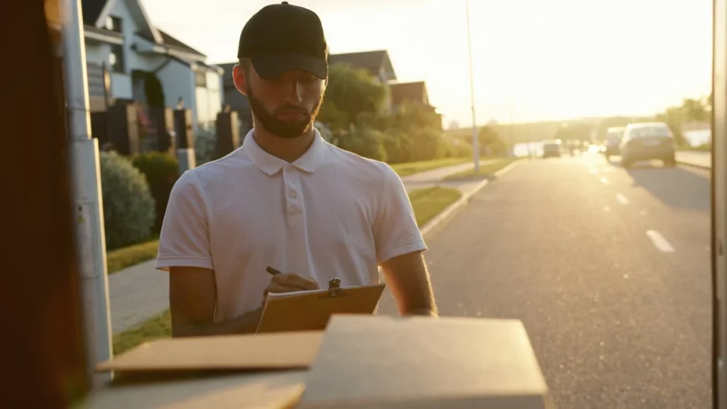 Man writing on clipboard near boxes