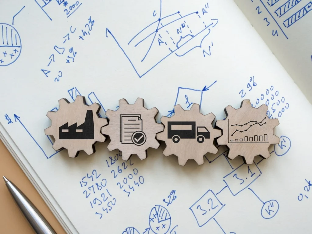 Wooden cog wheels with icons representing logistics processes